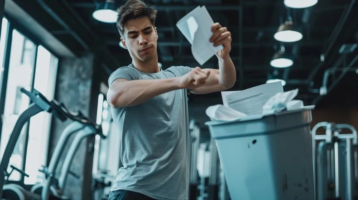 frustrated man in gym looking tired and unmotivated