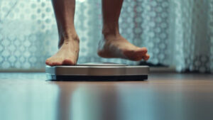 Person stepping onto a bathroom scale to check bodyweight