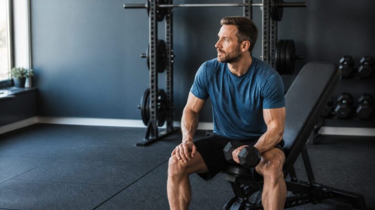 Man completing a strength-training session with dumbbells in a gym