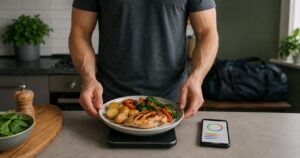 Man weighing a balanced meal while tracking his calories