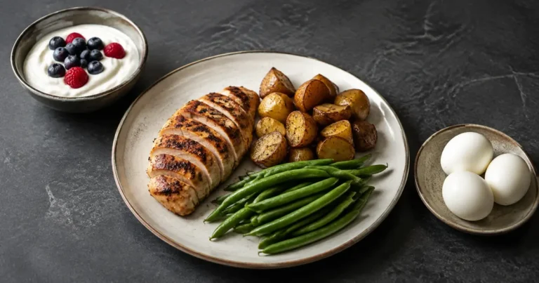 Grilled chicken, potatoes, green beans, eggs and Greek yoghurt on a dark kitchen worktop